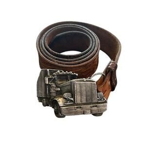 Vintage 1977 Bergamot Brass Works Semi Truck Belt Buckle Tooled Leather Belt USA